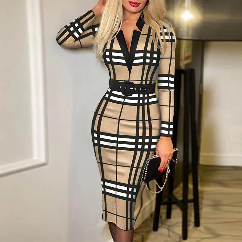Weekend Flash Deals BerriesJam - 2024 Plaid Print Long-sleeved V Neck Slim Party Dress Weekend Flash Deals BerriesJam - 2024 Plaid Print Long-sleeved V Neck Slim Party Dress