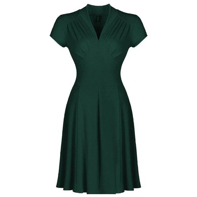 Super Price Slash BerriesJam - 2024 Solid Color Retro V Neck Short Tunic Midi Party Dress