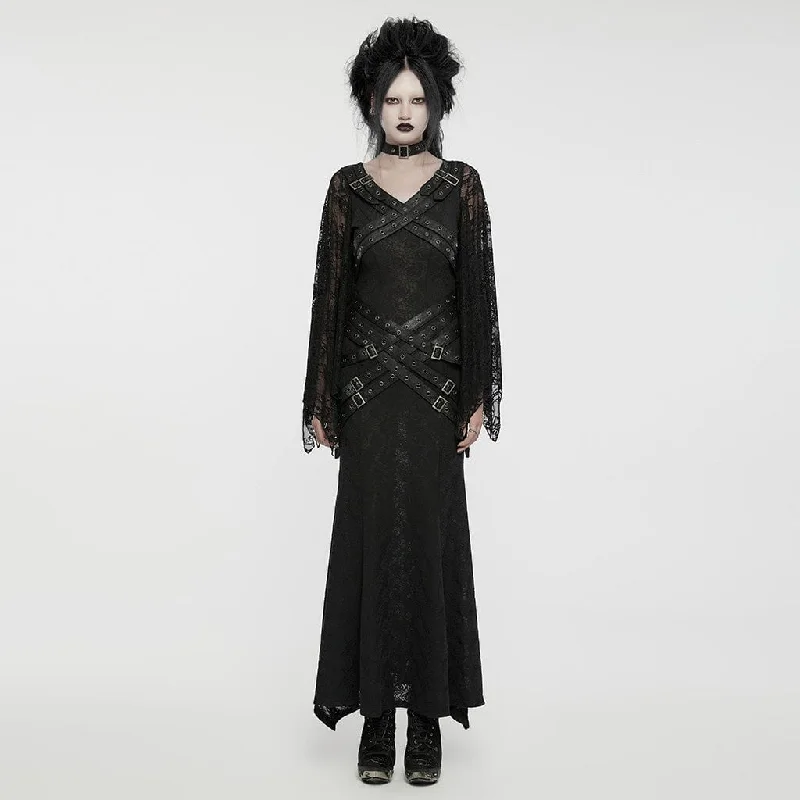Limited-Time Flash Deal Women's Gothic Lace Sleeved Buckle Strap Splice Party Dress